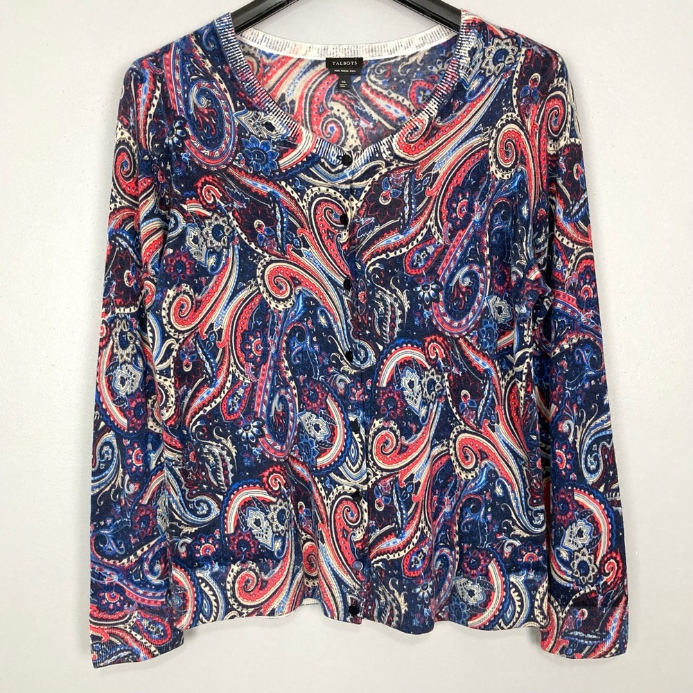 Talbots Merino Wool Cardigan Sweater Women’s Size XL Button Up Paisley Colorful